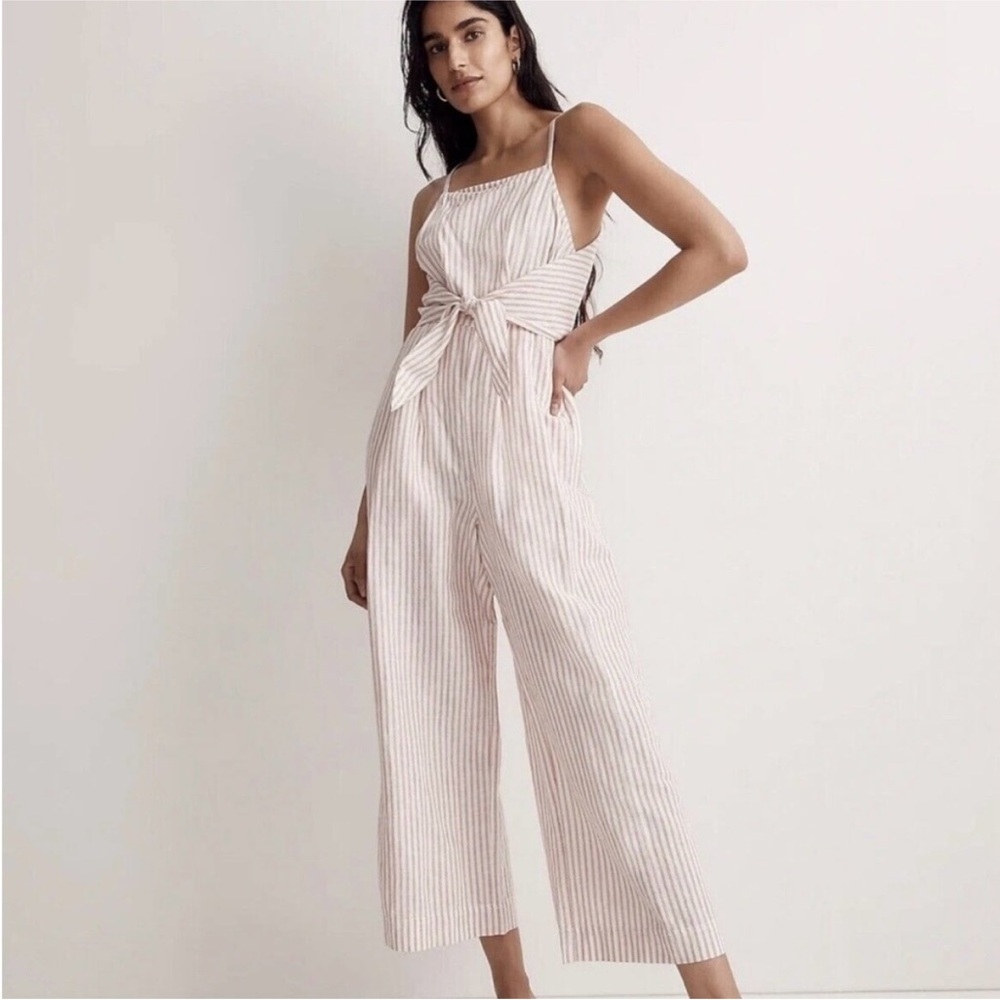 Madewell Striped Tie Waist Jumpsuit in Pink and White